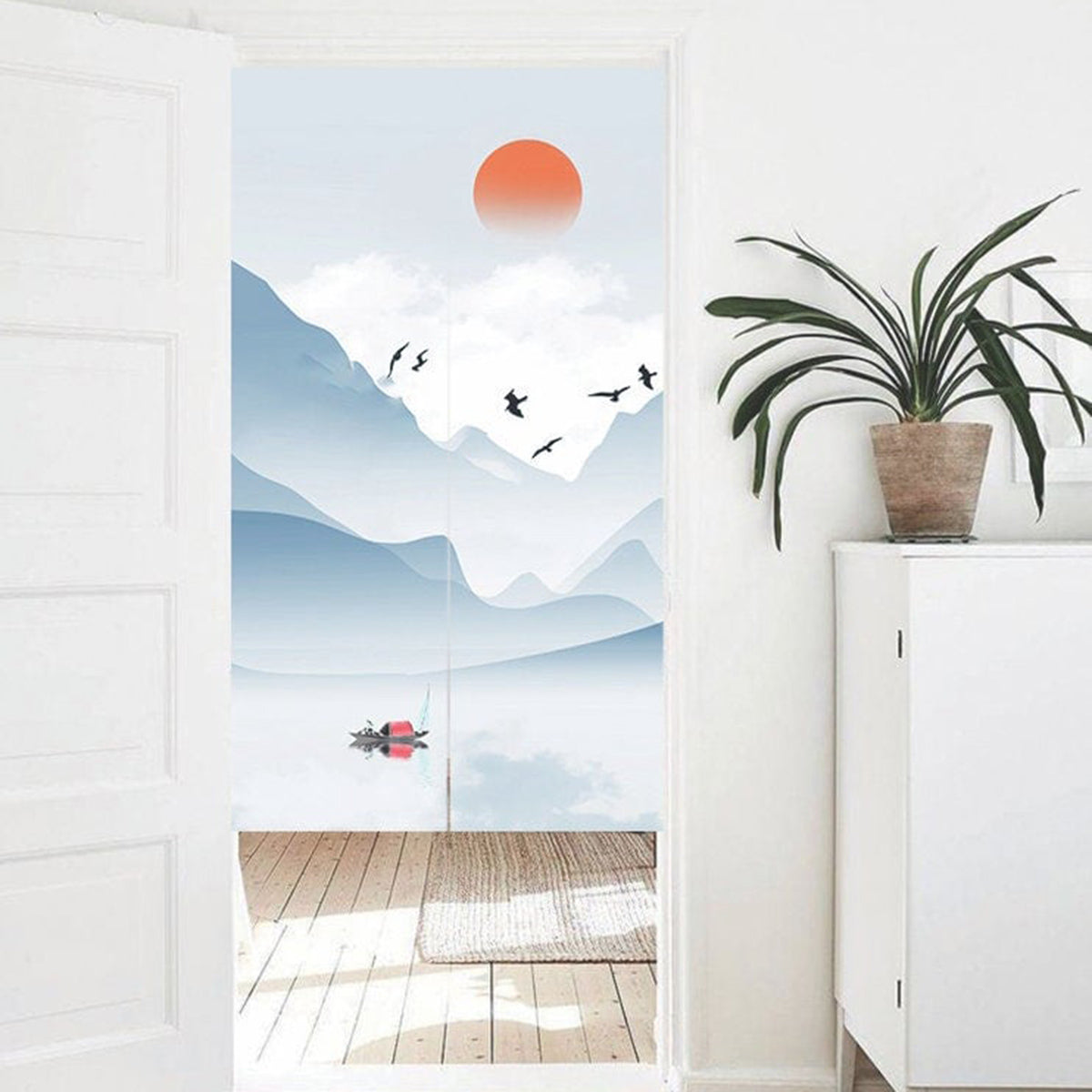 Misty Blue Mountain & Fishing Boat Doorway Curtain Noren Japanese Zen Landscape Divider