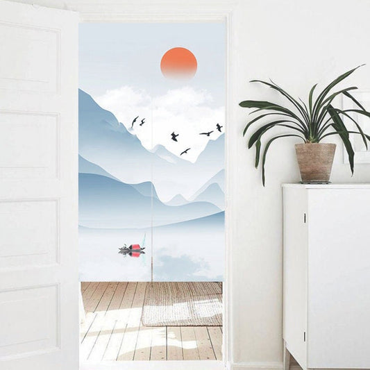 Misty Blue Mountain & Fishing Boat Doorway Curtain Noren Japanese Zen Landscape Divider