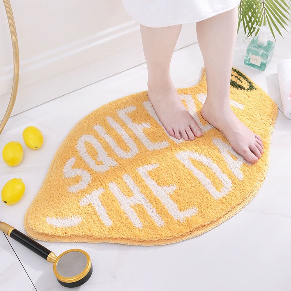 Cute Peach Lemon Bath Mat - Plush Microfiber Bathroom Rug | Absorbent Non-Slip Washable Rug