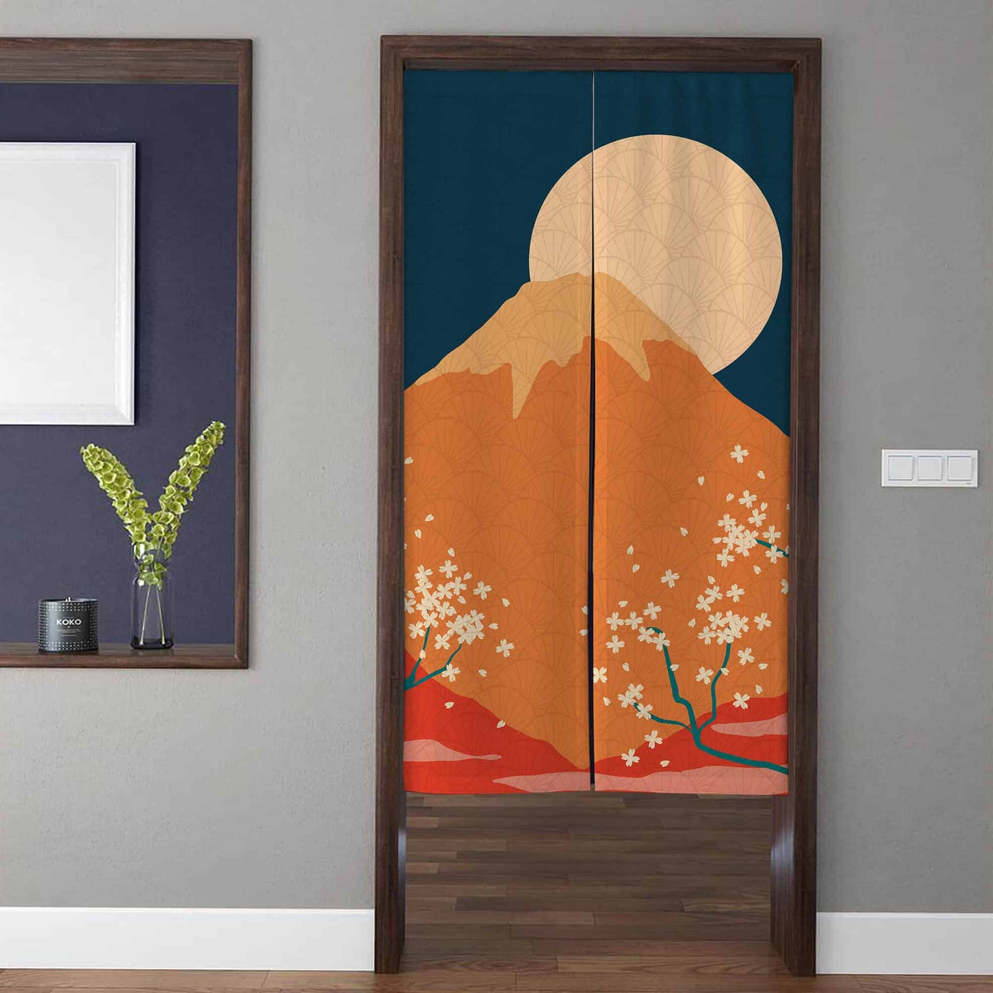 Japanese Modern Mount Fuji & Full Moon Doorway Curtain Noren Cherry Blossom Room Divider