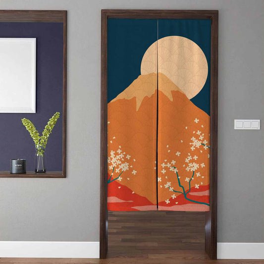 Japanese Modern Mount Fuji & Full Moon Doorway Curtain Noren Cherry Blossom Room Divider