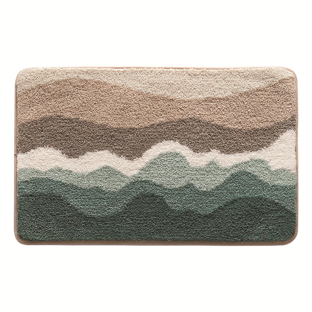 Abstract Blue Wave Ocean Bath Mat & Green Mountain Rug | Non-Slip Washable Beach Landscape Rug