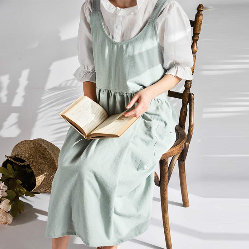 Japanese Cross-Back Cotton Pinafore Apron with Pockets – No-Tie Soft Cooking & Gardening Apron