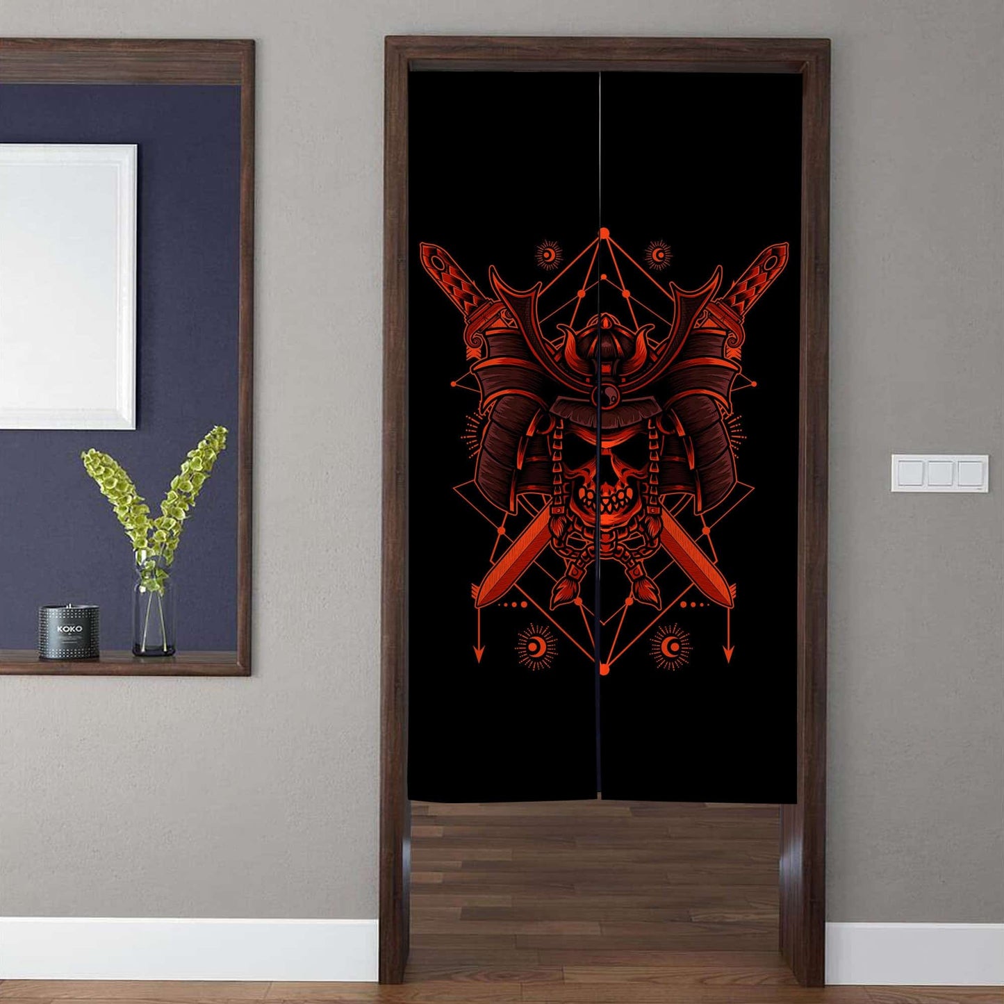 Japanese Samurai Skull & Crossed Katana Doorway Curtain Noren Gaming Room Divider