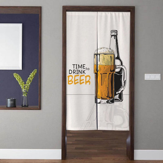 Retro Pub "Time to Drink Beer" Frothy Mug & Bottle Doorway Curtain Noren Room Divider