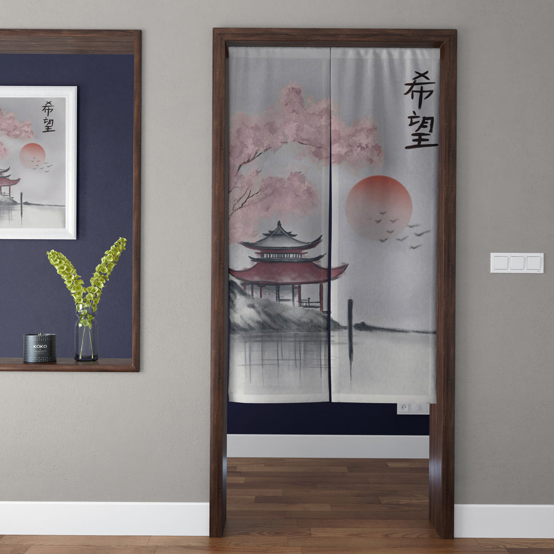 Japanese Traditional Ink Wash Lakeside Pavilion & Pink Sakura Sun Doorway Curtain Noren Zen Room Divider