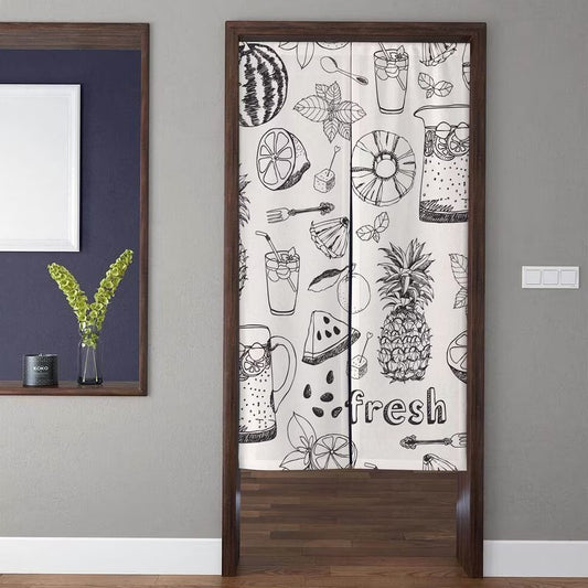Minimalist Nordic Black & White Line Art Fresh Fruits & Drinks Pattern Doorway Curtain Noren Room Divider
