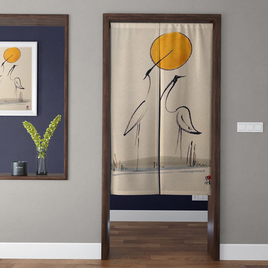 Japanese Traditional Minimalist Ink Wash Crane Pair & Golden Sun Doorway Curtain Noren Zen Room Divider