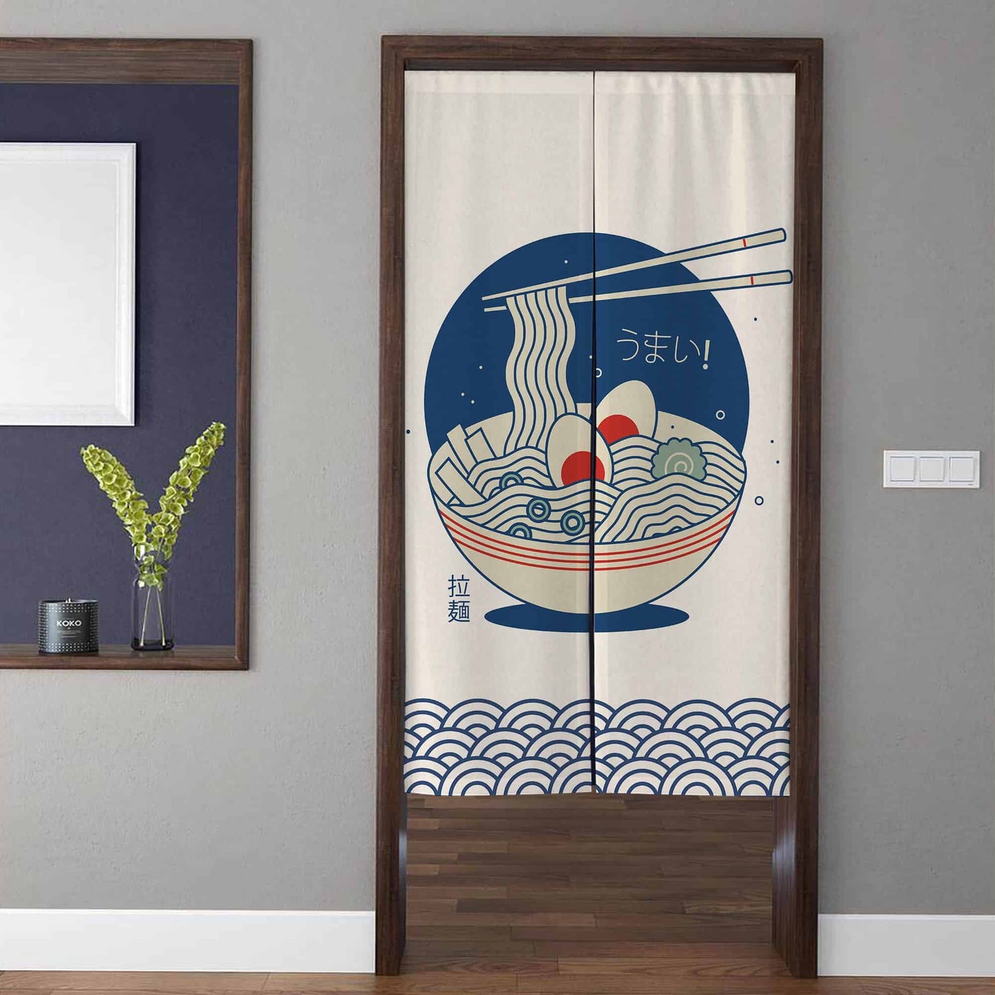 Japanese Retro Ramen Noodle Bowl & Umai Doorway Curtain Noren Kitchen Room Divider