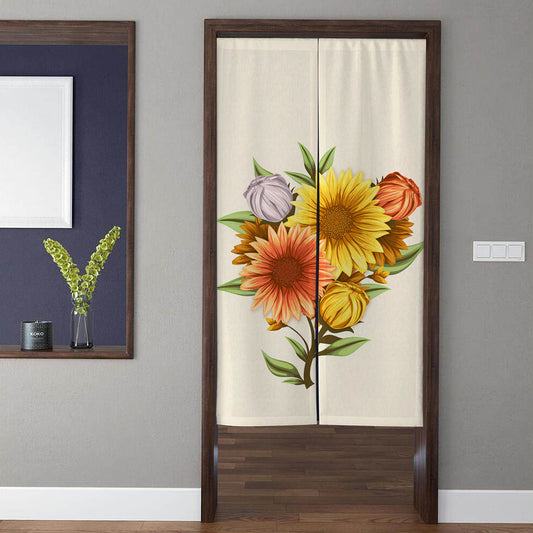 Vibrant Autumn Sunflowers & Mixed Floral Bouquet Doorway Curtain Noren Room Divider