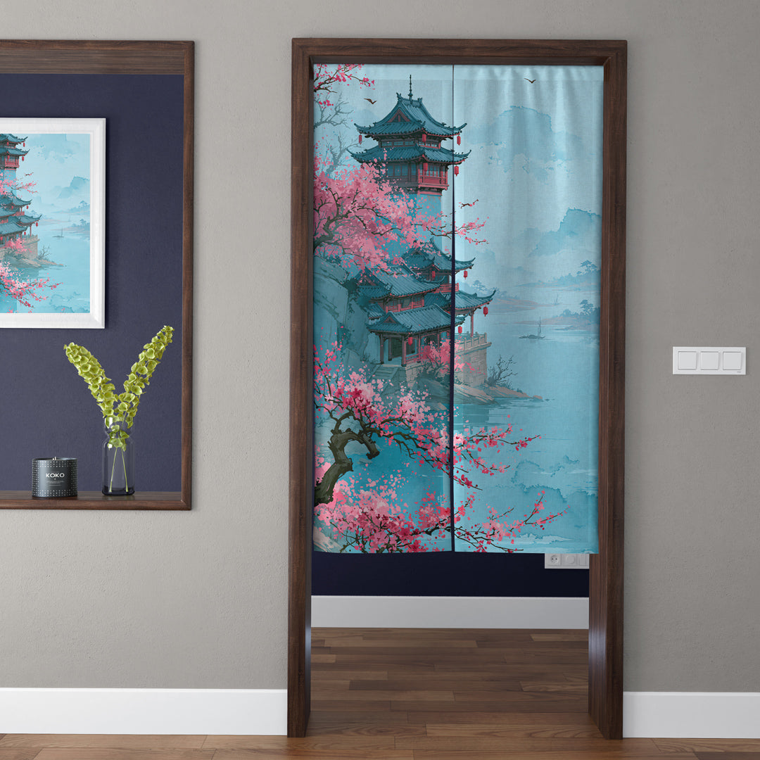 Japanese Traditional Aqua Blue Lake Pagoda & Pink Sakura Doorway Curtain Noren Zen Room Divider