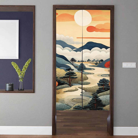 Japanese Traditional Sunset Landscape & Pine Trees Doorway Curtain Noren Zen Room Divider