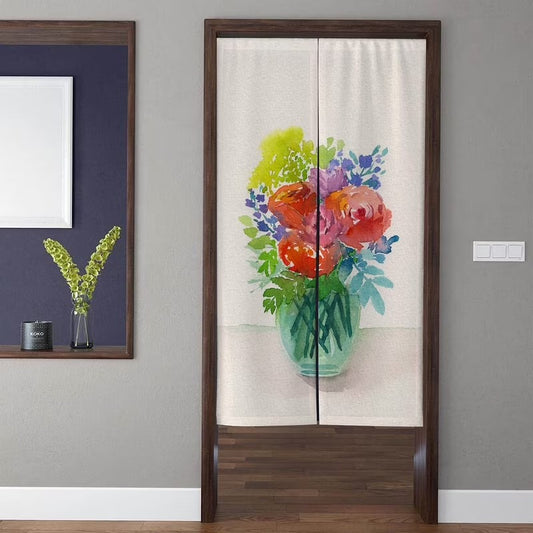 Minimalist Watercolor Floral Bouquet in Glass Vase Doorway Curtain Noren Room Divider