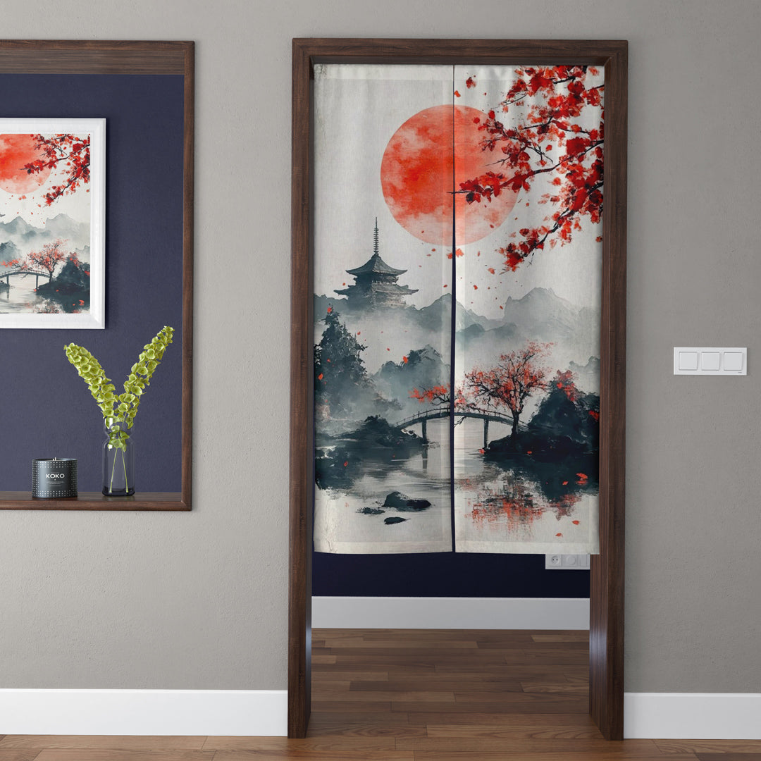 Japanese Traditional Ink Wash Crimson Sun, Pagoda & Red Maple Doorway Curtain Noren Zen Room Divider