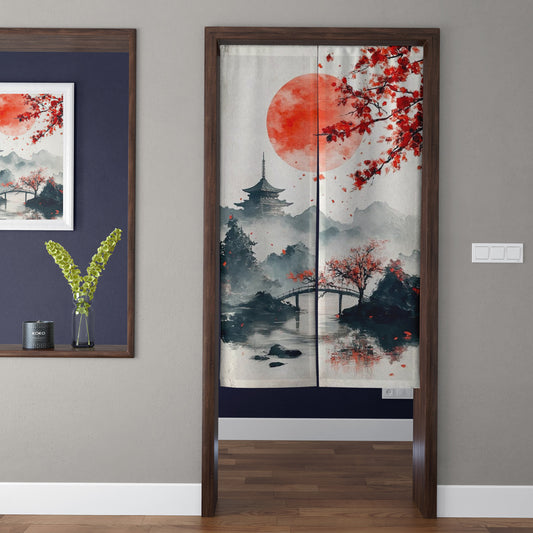 Japanese Traditional Ink Wash Crimson Sun, Pagoda & Red Maple Doorway Curtain Noren Zen Room Divider