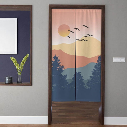 Minimalist Boho Sunset Pine Forest Flying Birds & Layered Hills Doorway Curtain Noren Room Divider