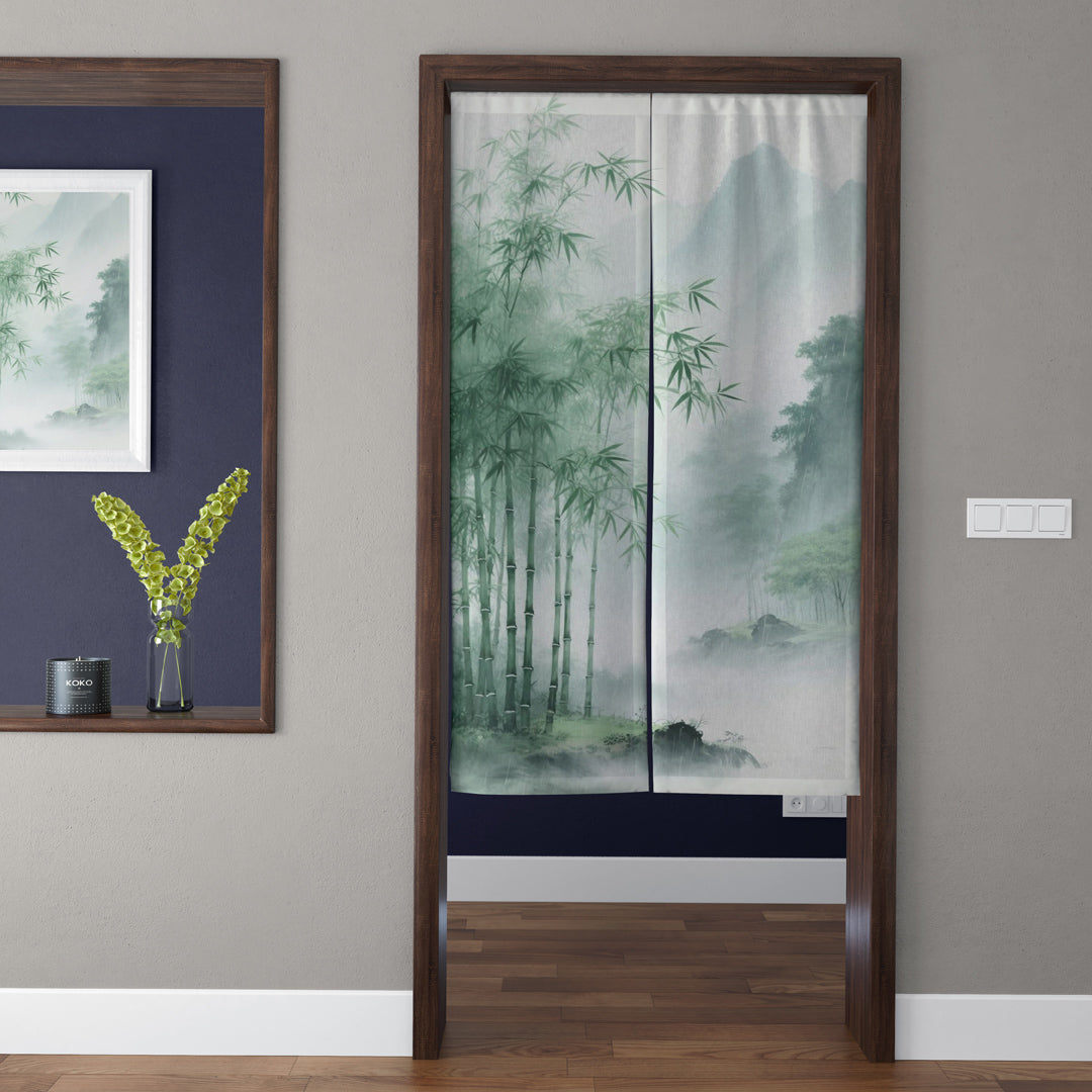 Japanese Traditional Ink Wash Green Bamboo Grove & Misty Mountain Doorway Curtain Noren Zen Room Divider
