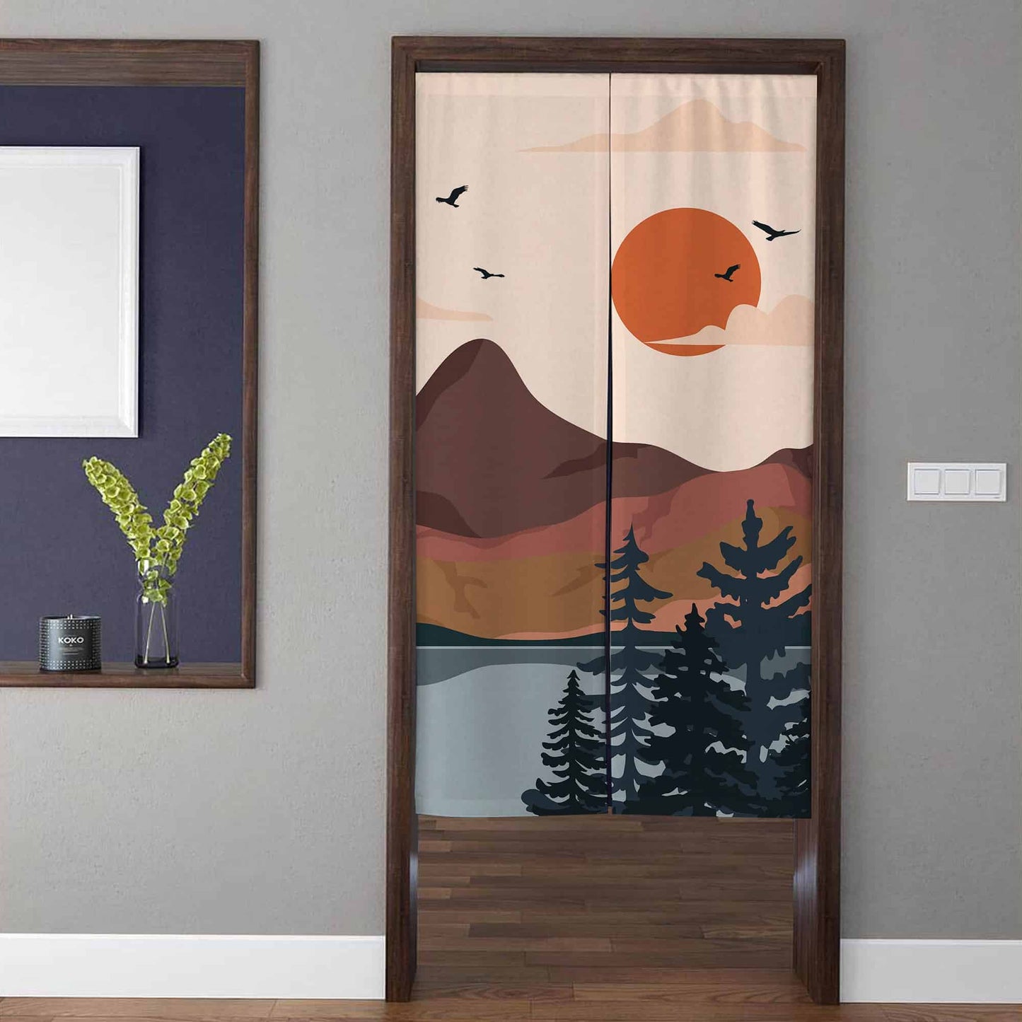 Minimalist Boho Sunset Mountain & Pine Forest Doorway Curtain Noren Room Divider