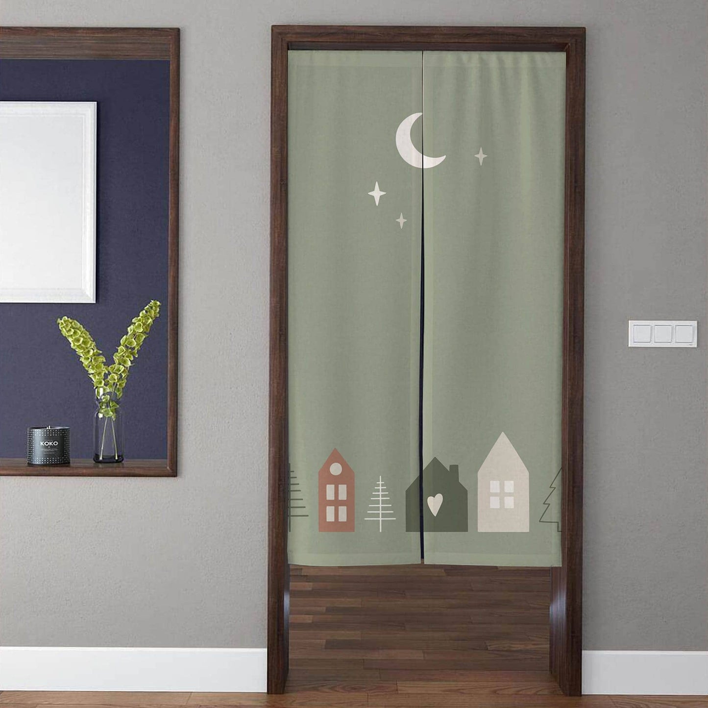 Minimalist Nordic Village & Crescent Moon Doorway Curtain Noren Sage Green Room Divider