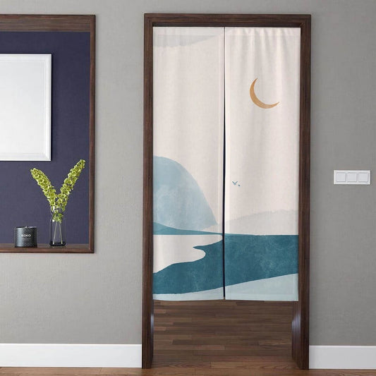 Minimalist Japandi Crescent Moon Serene Lake & Quiet Hills Doorway Curtain Noren Room Divider