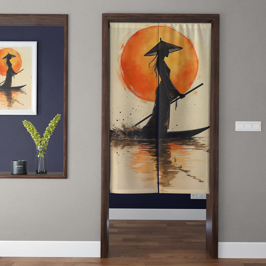 Japanese Traditional Ink Wash Female Samurai Rowing Boat & Crimson Sun Doorway Curtain Noren Zen Room Divider