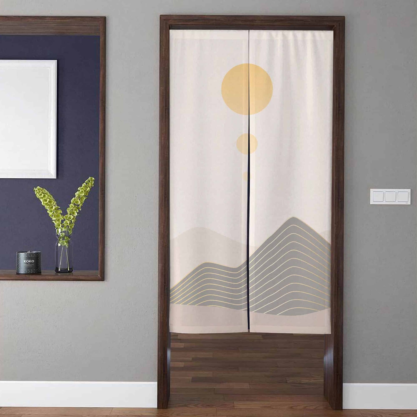 Minimalist Japandi Gold Line Grey Mountain & Sun Doorway Curtain Noren Room Divider
