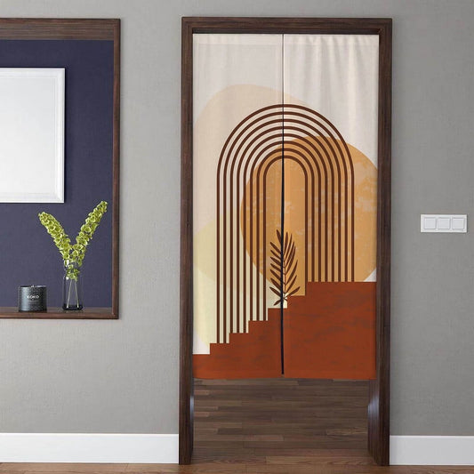 Minimalist Boho Terracotta Archway Sun & Palm Leaf Doorway Curtain Noren Room Divider