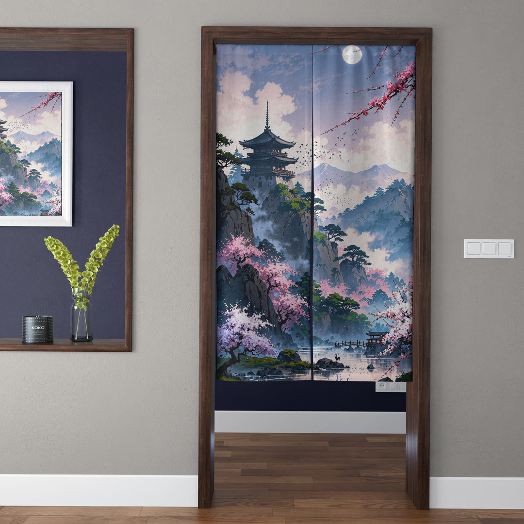 Japanese Traditional Moonlit Mountain Pagoda & Pink Sakura Doorway Curtain Noren Zen Room Divider