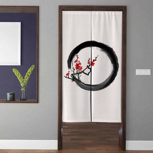 Japanese Minimalist Zen Ink Wash Ensō Circle & Red Plum Blossom Doorway Curtain Noren Room Divider