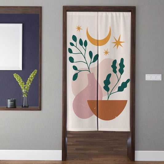 Minimalist Boho Abstract Botanical Planters Crescent Moon & Stars Doorway Curtain Noren Room Divider
