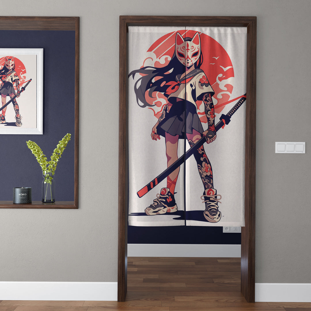 Japanese Vintage Anime Kitsune Mask Tattoo Girl & Katana Doorway Curtain Noren Room Divider