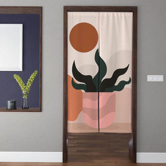 Minimalist Boho Abstract Potted Houseplant Pink Planter & Terracotta Sun Doorway Curtain Noren Room Divider