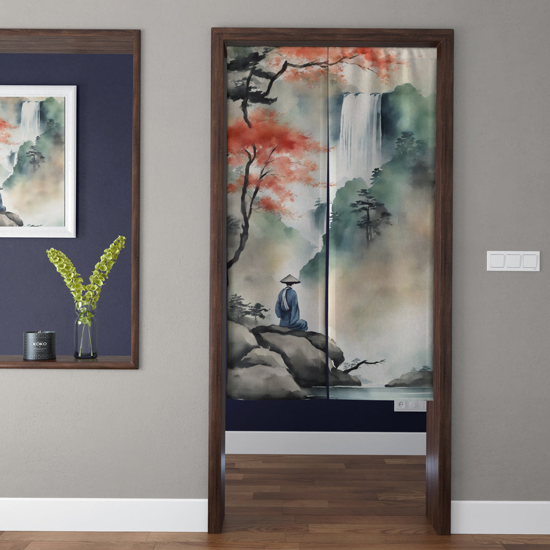 Japanese Traditional Ink Wash Meditating Monk, Waterfall & Red Maple Doorway Curtain Noren Zen Room Divider