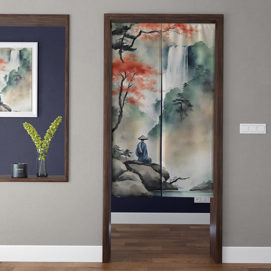 Japanese Traditional Ink Wash Meditating Monk, Waterfall & Red Maple Doorway Curtain Noren Zen Room Divider