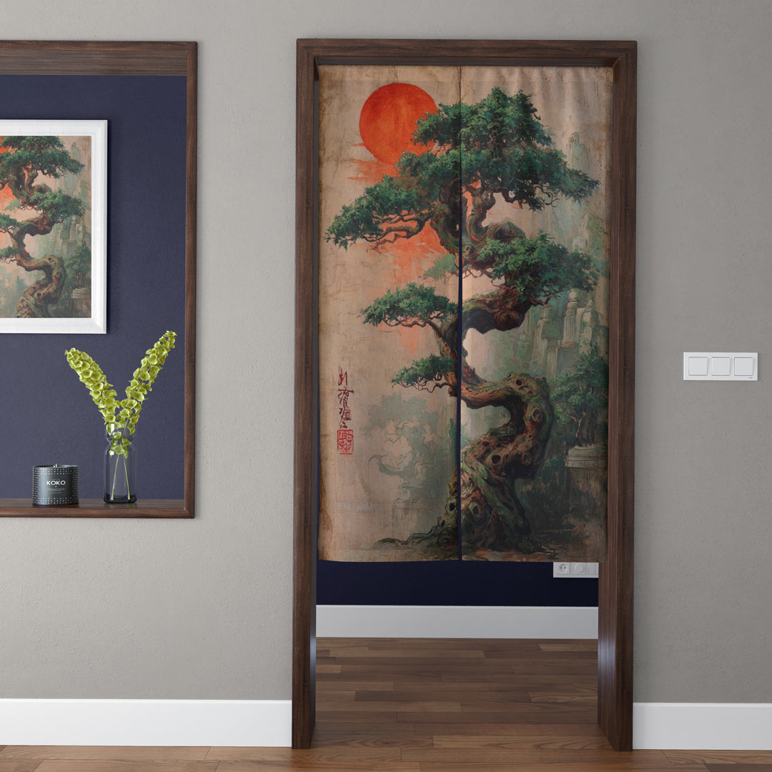 Japanese Traditional Bonsai Pine Tree & Crimson Sun Doorway Curtain Noren Zen Room Divider