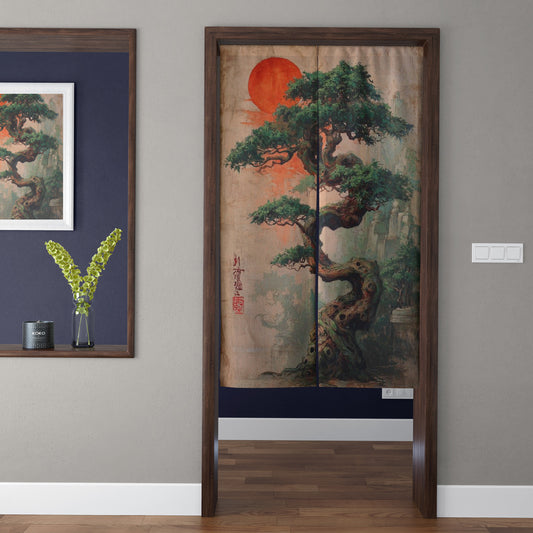 Japanese Traditional Bonsai Pine Tree & Crimson Sun Doorway Curtain Noren Zen Room Divider