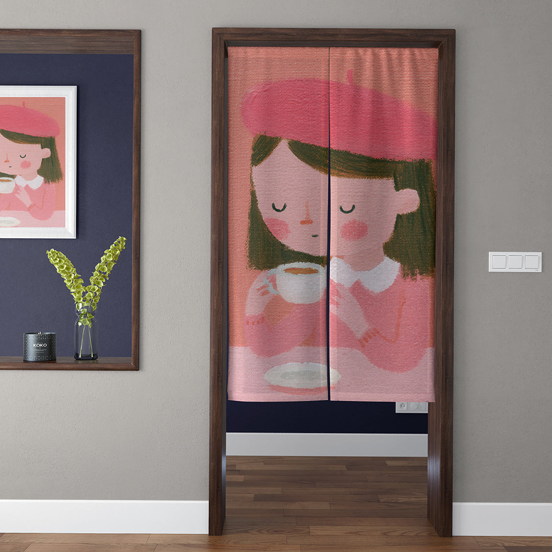 Cozy French Girl with Pink Beret & Coffee Doorway Curtain Noren Danish Pastel Divider