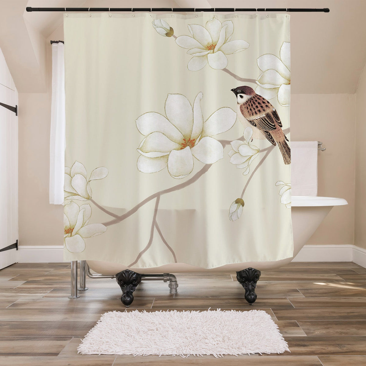 Sparrow & Magnolia Blossom Shower Curtain – Vintage Botanical Floral Waterproof Bathroom Curtain Set