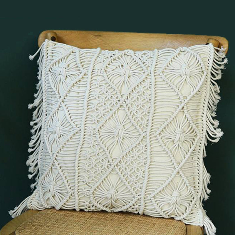 Boho Macramé Woven Throw Pillow Cover – Handcrafted Fringe Cushion Case (18" x 18" / 45 x 45 cm)