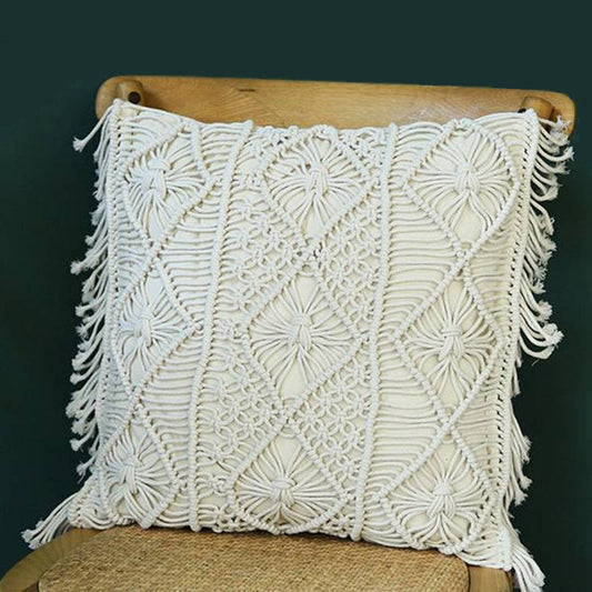 Boho Macramé Woven Throw Pillow Cover – Handcrafted Fringe Cushion Case (18" x 18" / 45 x 45 cm)