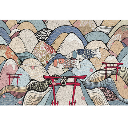 Japanese Style Fish And Mountain  Entrance Door Mat