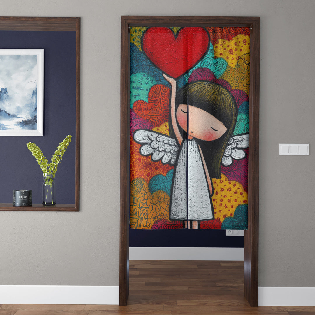 Whimsical Little Angel Girl Holding Red Heart Doorway Curtain Noren Romantic Room Divider
