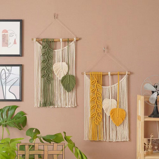 Handmade Macrame Leaf Wall Hanging | Boho Woven Cotton Tapestry with Wood Stick for Bedroom Living Room Nursery Decor