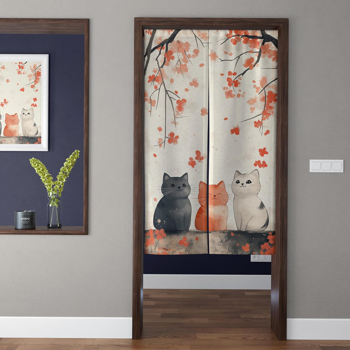 Japanese Watercolor Autumn Maple Branches & Three Cute Cats Doorway Curtain Noren Room Divider