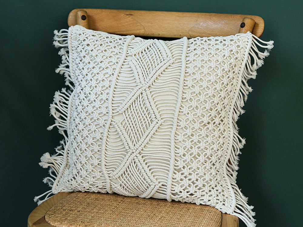 Boho Macramé Woven Throw Pillow Cover – Handcrafted Fringe Cushion Case (18" x 18" / 45 x 45 cm)