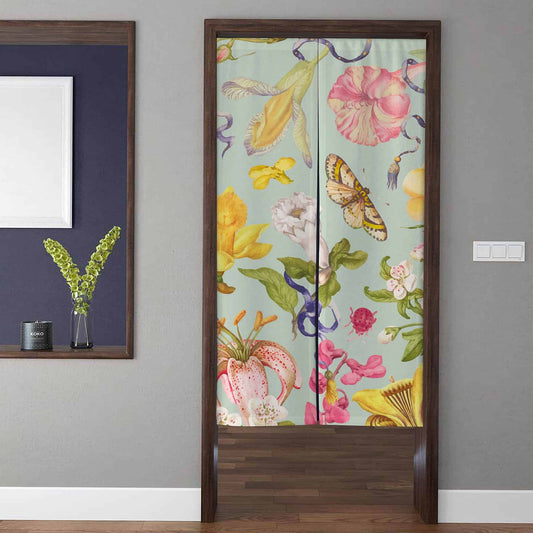 Vintage Botanical Watercolor Wildflowers & Butterfly Doorway Curtain Noren Floral Room Divider