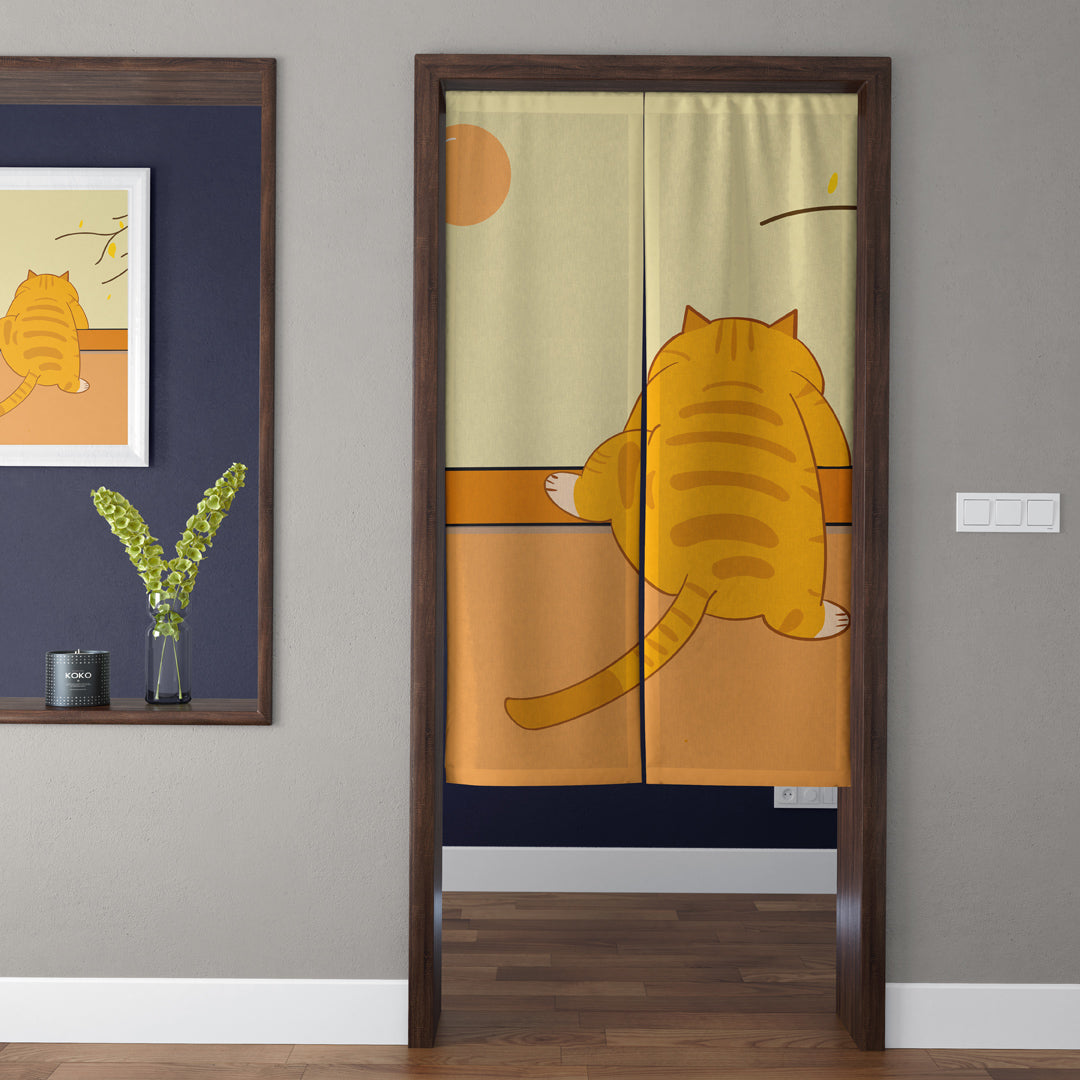 Cozy Chubby Orange Tabby Cat Back Silhouette Doorway Curtain Noren Healing Room Divider