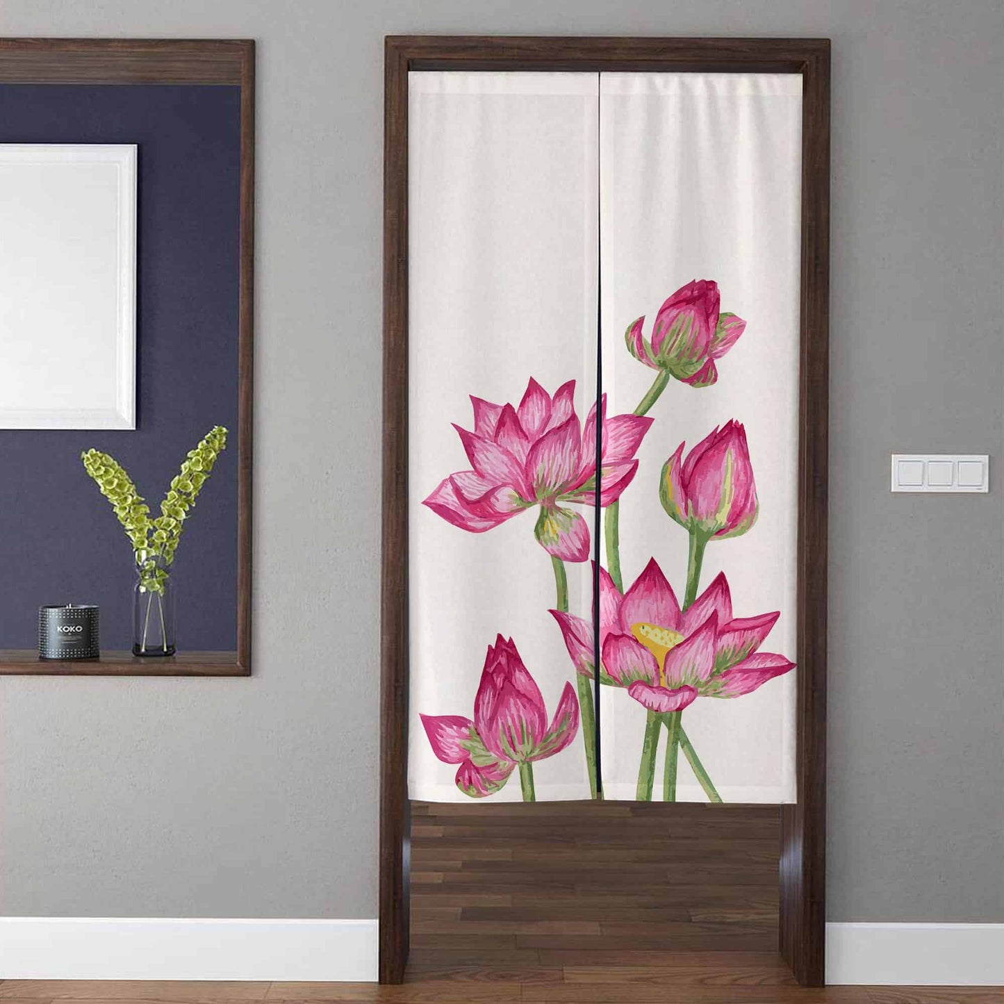 Japanese Hand-Drawn Pink Lotus Flower Blossom Doorway Curtain Noren Zen Room Divider