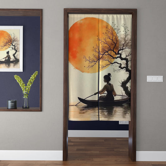 Japanese Traditional Ink Wash Meditating Monk, Waterfall & Red Maple Doorway Curtain Noren Zen Room Divider