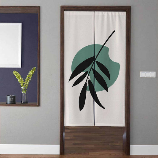 Minimalist Black Botanical Leaf & Sage Green Abstract Shape Doorway Curtain Noren Japandi Room Divider